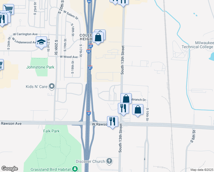 map of restaurants, bars, coffee shops, grocery stores, and more near 6811 South 13th Street in Milwaukee
