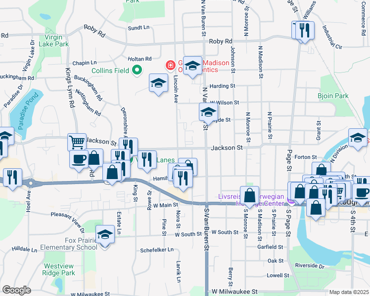 map of restaurants, bars, coffee shops, grocery stores, and more near 924 Jackson Street in Stoughton