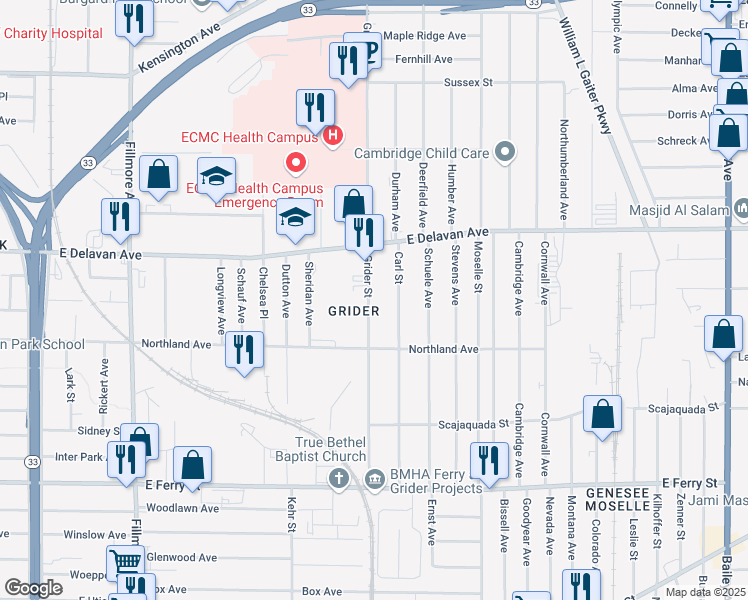 map of restaurants, bars, coffee shops, grocery stores, and more near 211 Grider Street in Buffalo