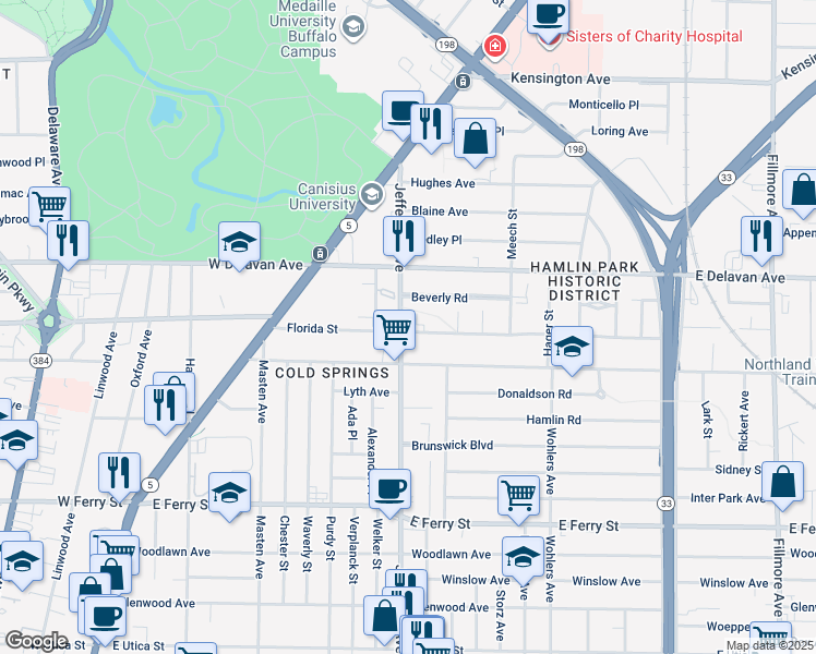 map of restaurants, bars, coffee shops, grocery stores, and more near 170 Florida Street in Buffalo