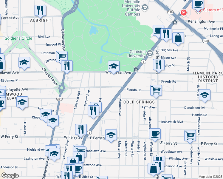 map of restaurants, bars, coffee shops, grocery stores, and more near 1015 Lafayette Avenue in Buffalo