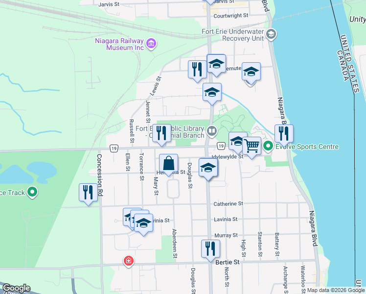 map of restaurants, bars, coffee shops, grocery stores, and more near 393 Central Avenue in Fort Erie