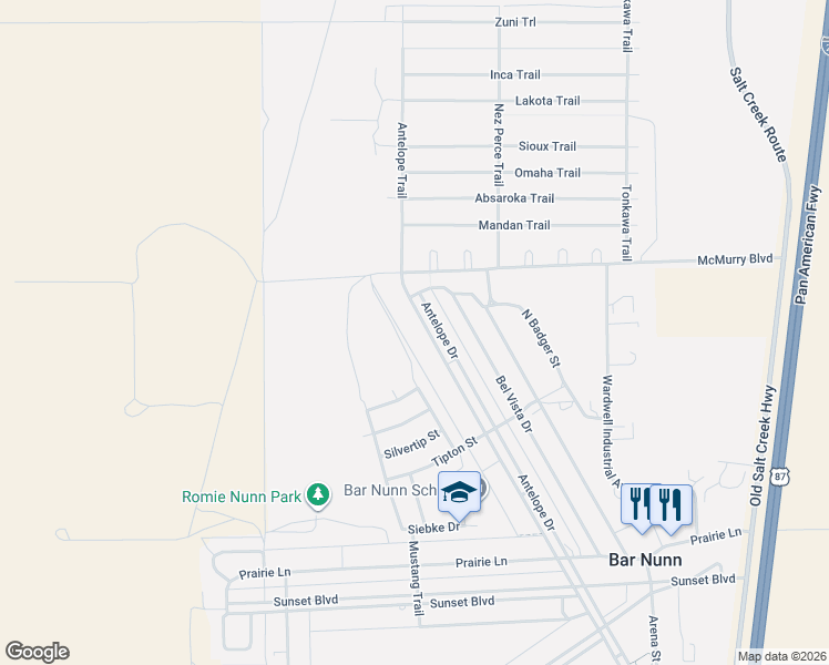 map of restaurants, bars, coffee shops, grocery stores, and more near 5180 Antelope Dr in Bar Nunn