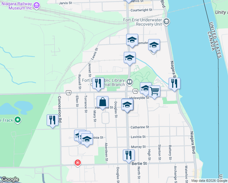 map of restaurants, bars, coffee shops, grocery stores, and more near 393 Central Avenue in Fort Erie