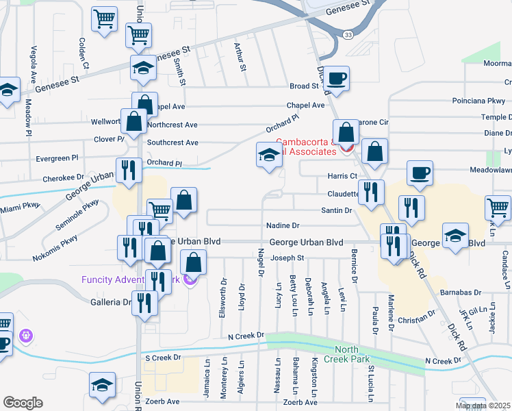 map of restaurants, bars, coffee shops, grocery stores, and more near 11 Nagel Drive in Cheektowaga