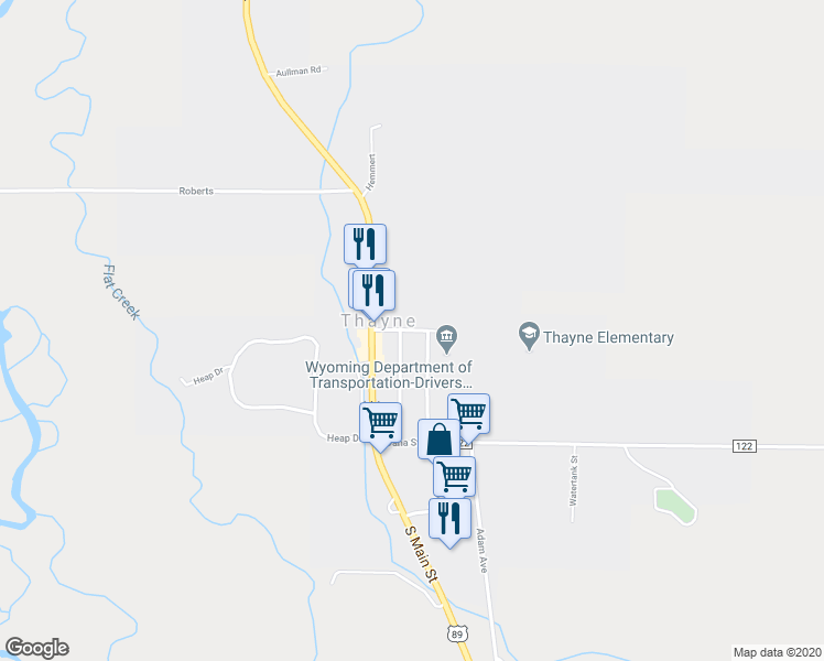 map of restaurants, bars, coffee shops, grocery stores, and more near Wright Street in Thayne
