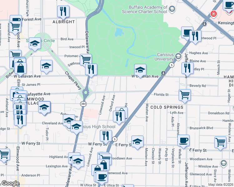 map of restaurants, bars, coffee shops, grocery stores, and more near 210 Oxford Avenue in Buffalo