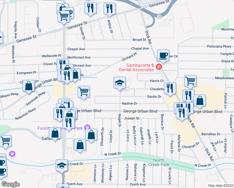 map of restaurants, bars, coffee shops, grocery stores, and more near 11 Nagel Drive in Cheektowaga