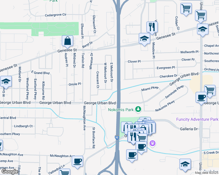 map of restaurants, bars, coffee shops, grocery stores, and more near 25 West Melcourt Drive in Cheektowaga