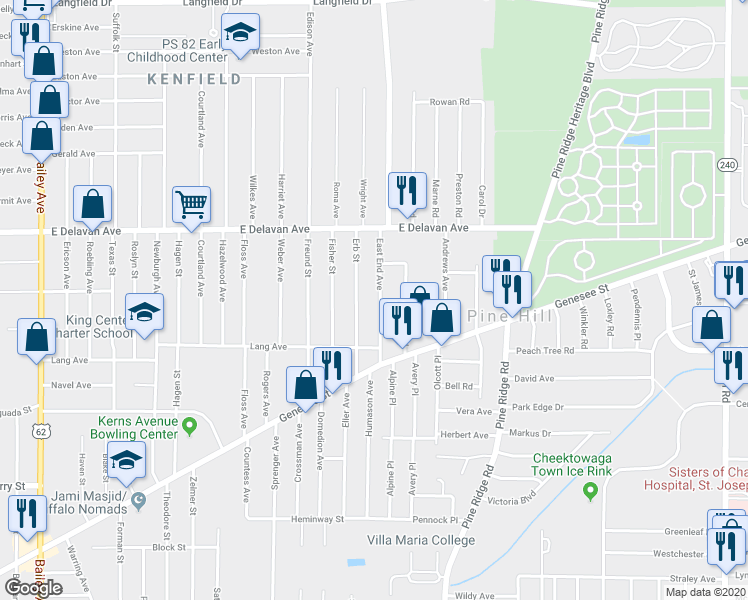 map of restaurants, bars, coffee shops, grocery stores, and more near 90 East End Avenue in Buffalo