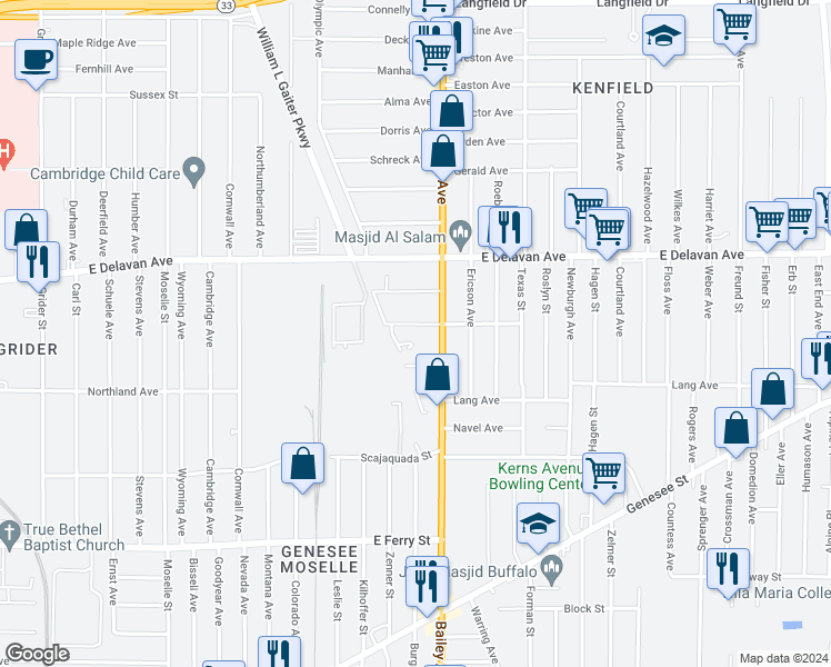 map of restaurants, bars, coffee shops, grocery stores, and more near 76 Wecker Street in Buffalo