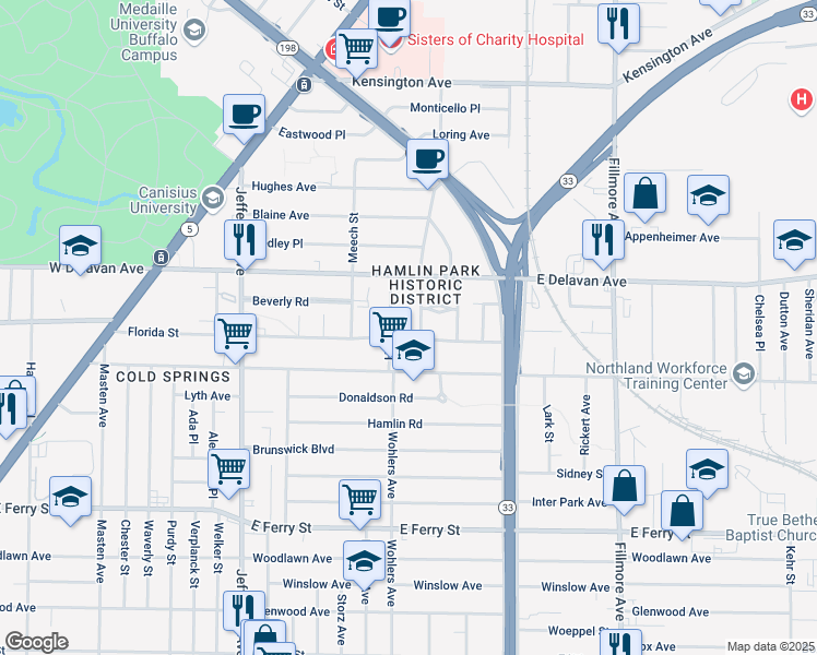 map of restaurants, bars, coffee shops, grocery stores, and more near 59 Hager Street in Buffalo