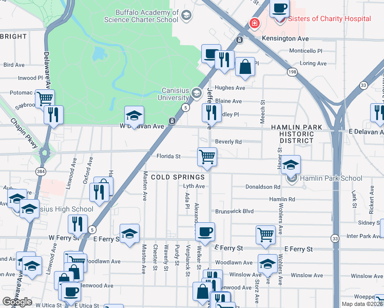 map of restaurants, bars, coffee shops, grocery stores, and more near 1670 Jefferson Avenue in Buffalo