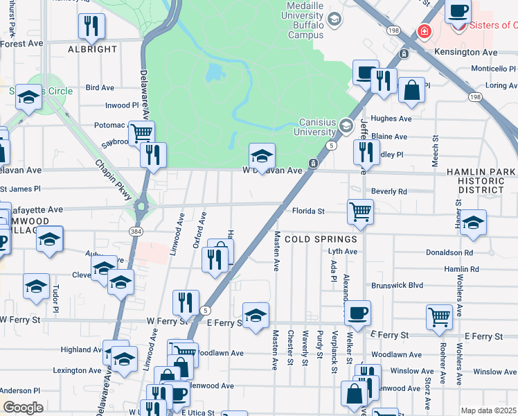 map of restaurants, bars, coffee shops, grocery stores, and more near 1010 Lafayette Avenue in Buffalo