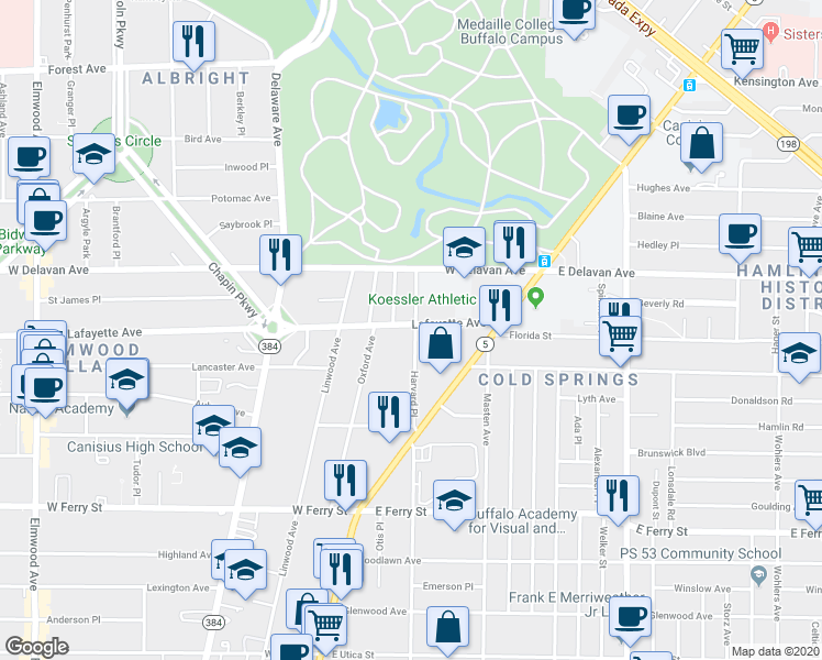map of restaurants, bars, coffee shops, grocery stores, and more near in Buffalo