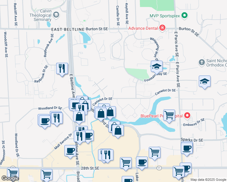 map of restaurants, bars, coffee shops, grocery stores, and more near 2329 Timberbrook Drive Southeast in Grand Rapids
