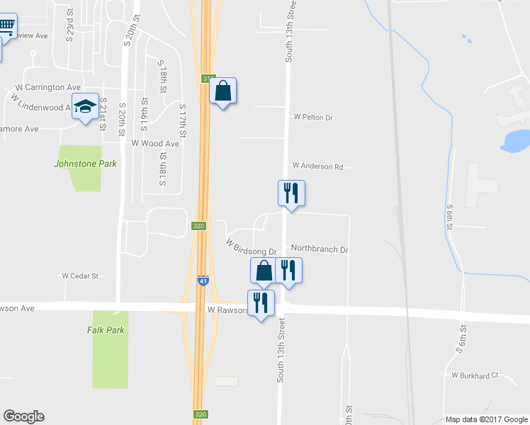 map of restaurants, bars, coffee shops, grocery stores, and more near 1398 South Southfield Boulevard in Oak Creek
