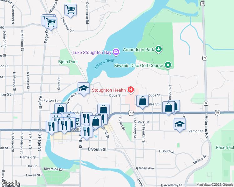map of restaurants, bars, coffee shops, grocery stores, and more near 624 Ridge Street in Stoughton