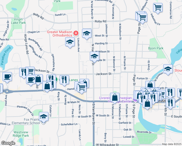 map of restaurants, bars, coffee shops, grocery stores, and more near 814 Jackson Street in Stoughton