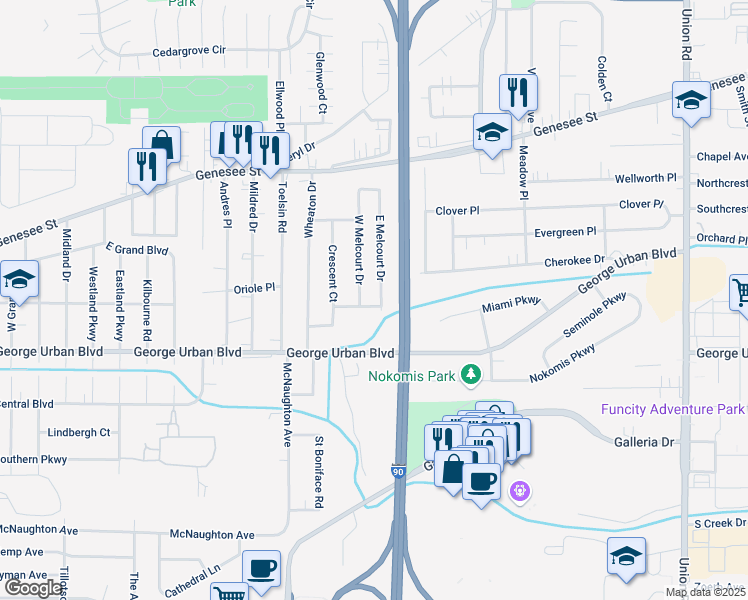 map of restaurants, bars, coffee shops, grocery stores, and more near 25 West Melcourt Drive in Cheektowaga