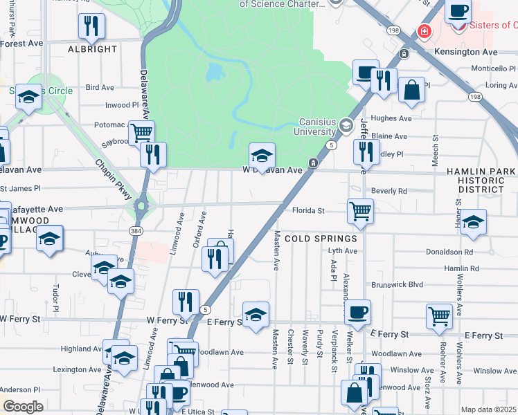 map of restaurants, bars, coffee shops, grocery stores, and more near 1010 Lafayette Avenue in Buffalo