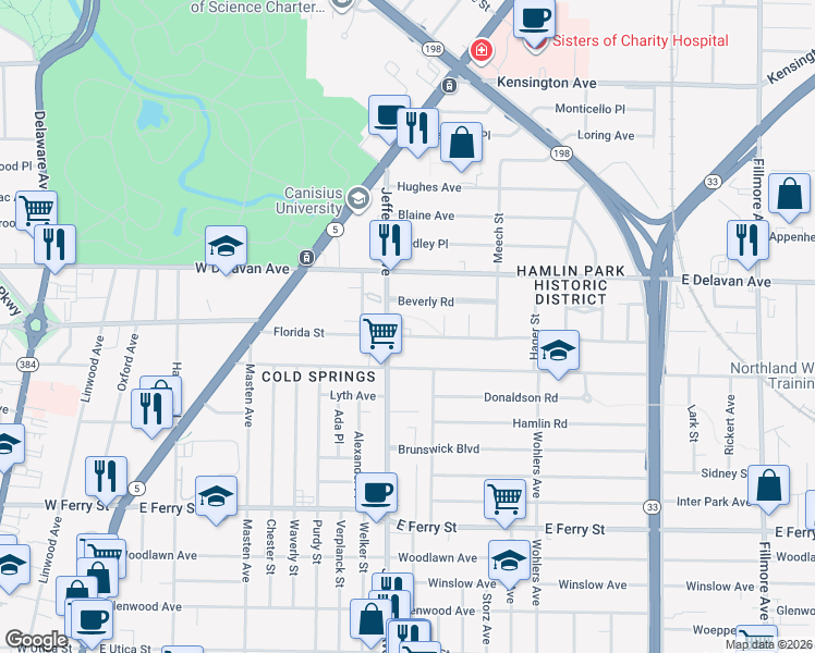 map of restaurants, bars, coffee shops, grocery stores, and more near 11 Beverly Road in Buffalo
