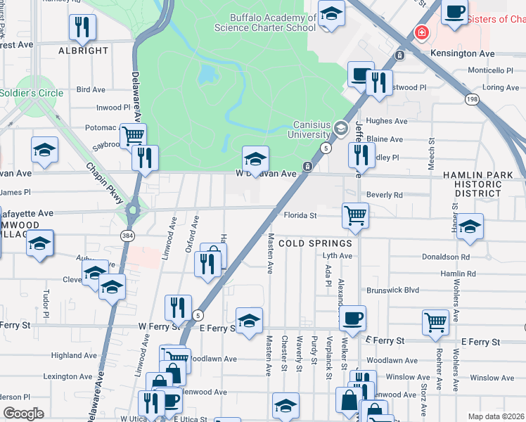 map of restaurants, bars, coffee shops, grocery stores, and more near 1040 Lafayette Avenue in Buffalo