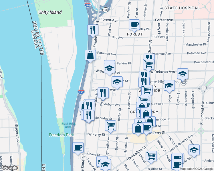 map of restaurants, bars, coffee shops, grocery stores, and more near 146 Dewitt Street in Buffalo