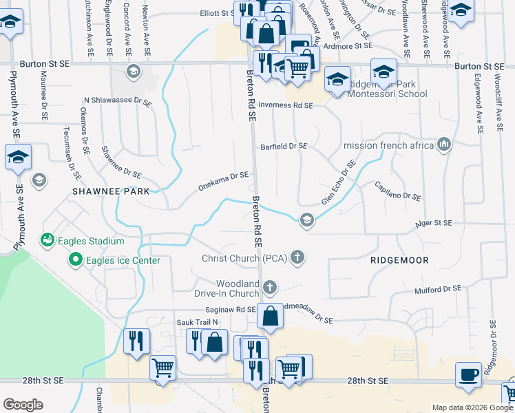 map of restaurants, bars, coffee shops, grocery stores, and more near 2321 Rolling Hill Drive Southeast in Grand Rapids