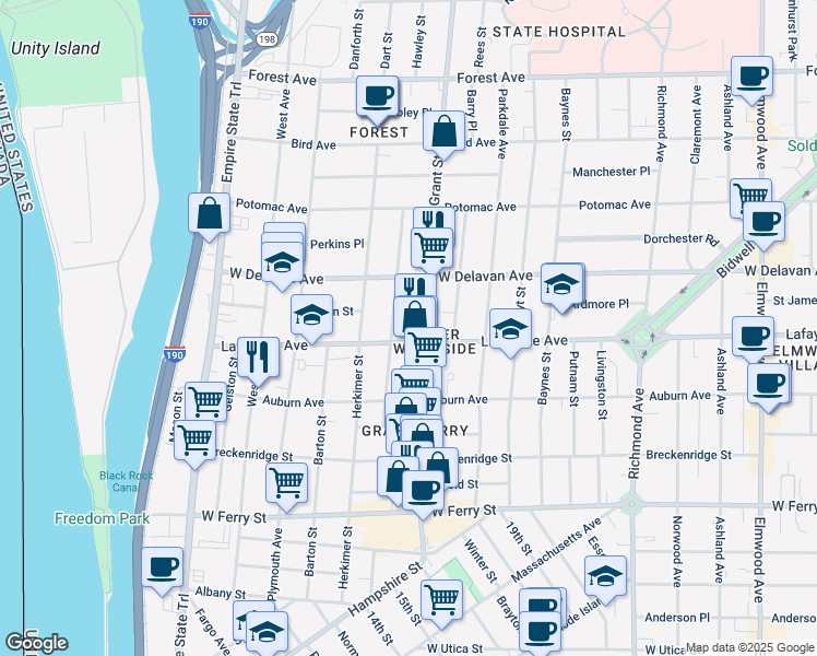 map of restaurants, bars, coffee shops, grocery stores, and more near 119 Congress Street in Buffalo