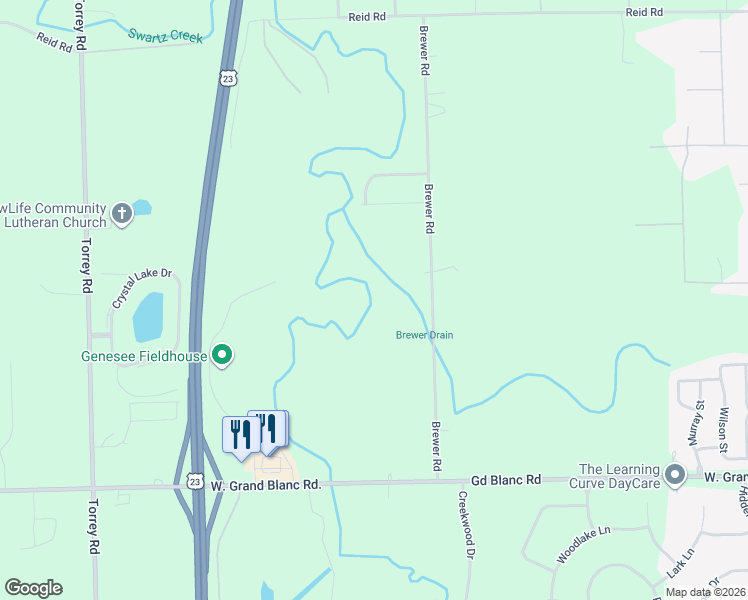 map of restaurants, bars, coffee shops, grocery stores, and more near 7310 Brewer Road in Flint