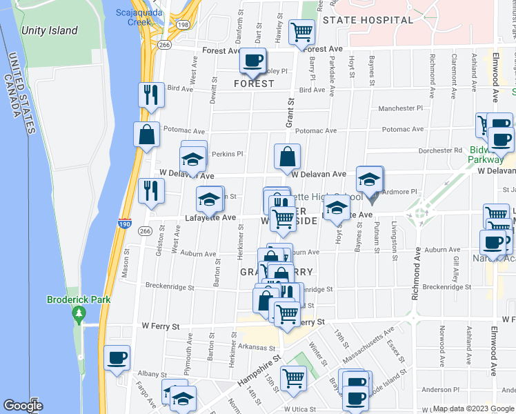 map of restaurants, bars, coffee shops, grocery stores, and more near 102 Congress Street in Buffalo