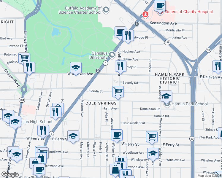 map of restaurants, bars, coffee shops, grocery stores, and more near 1670 Jefferson Avenue in Buffalo