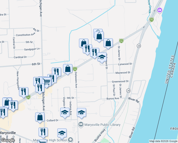 map of restaurants, bars, coffee shops, grocery stores, and more near 750 Applegate Drive in Marysville
