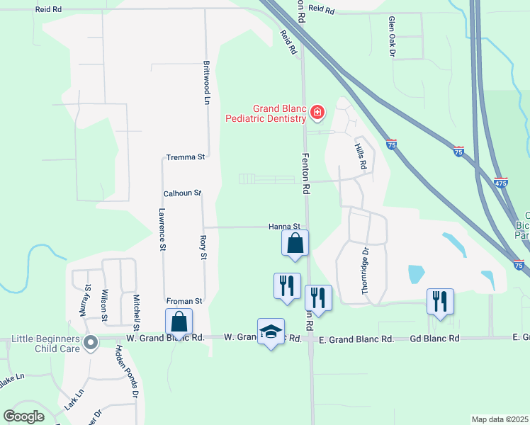map of restaurants, bars, coffee shops, grocery stores, and more near 1070 Hanna Drive in Grand Blanc