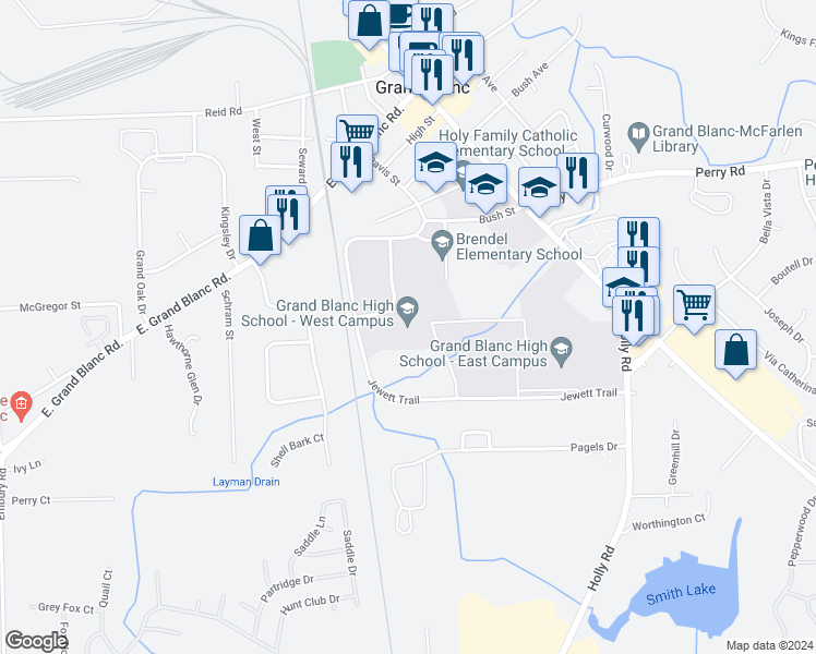 map of restaurants, bars, coffee shops, grocery stores, and more near 11920 South Saginaw Street in Grand Blanc