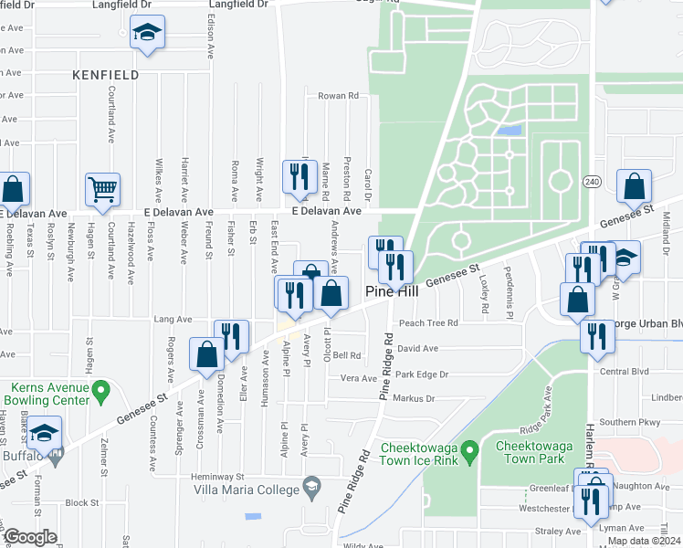 map of restaurants, bars, coffee shops, grocery stores, and more near 52 Andrews Avenue in Buffalo