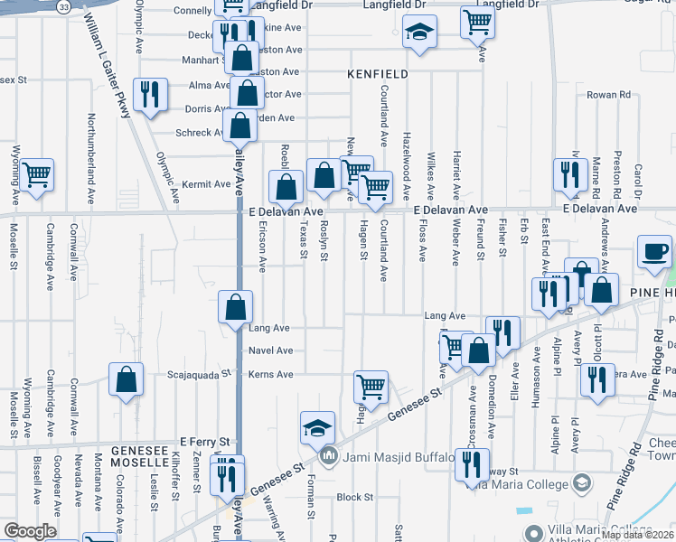 map of restaurants, bars, coffee shops, grocery stores, and more near 231 Newburgh Avenue in Buffalo