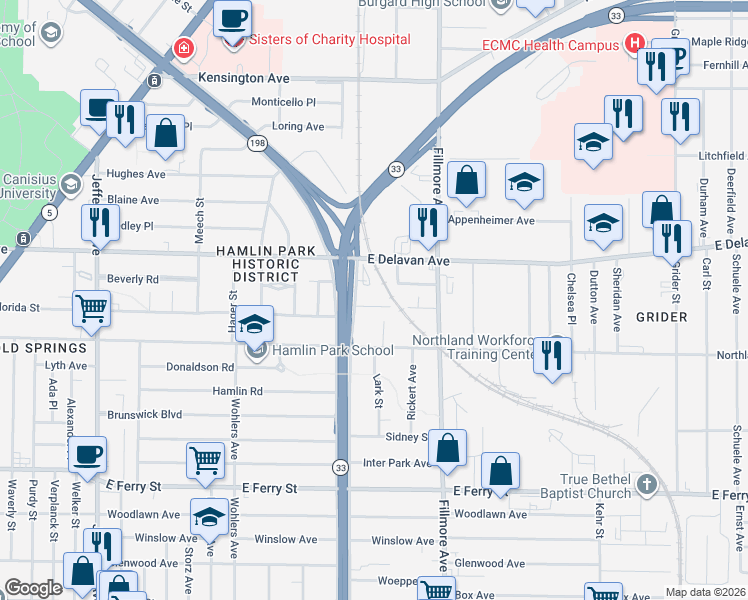 map of restaurants, bars, coffee shops, grocery stores, and more near 5371 Dignity Lane in Buffalo