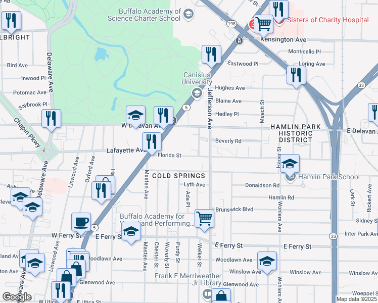 map of restaurants, bars, coffee shops, grocery stores, and more near 70 Florida Street in Buffalo