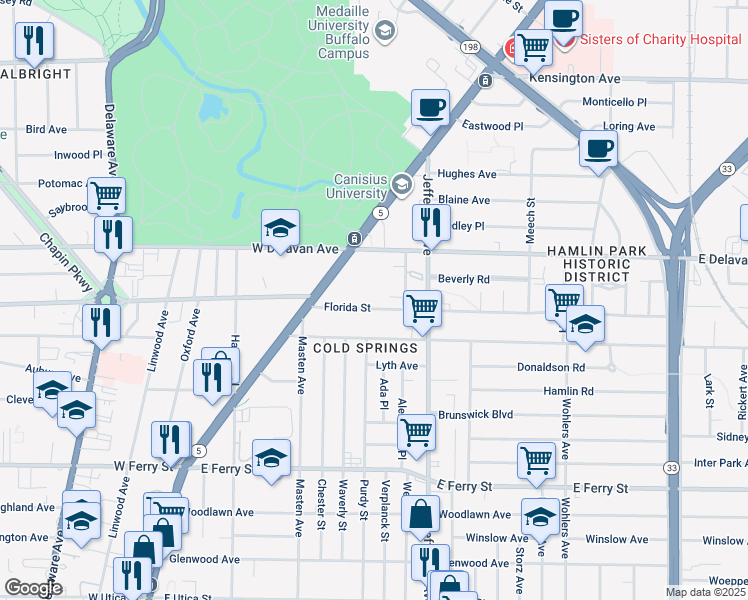 map of restaurants, bars, coffee shops, grocery stores, and more near 70 Florida Street in Buffalo