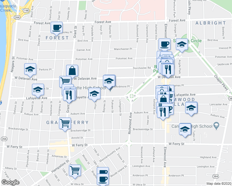 map of restaurants, bars, coffee shops, grocery stores, and more near 47 Ardmore Place in Buffalo