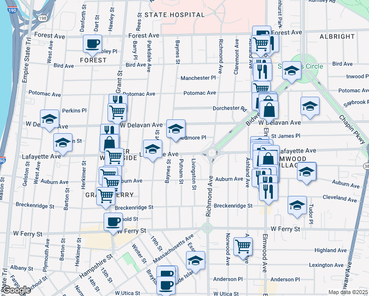 map of restaurants, bars, coffee shops, grocery stores, and more near 47 Ardmore Place in Buffalo