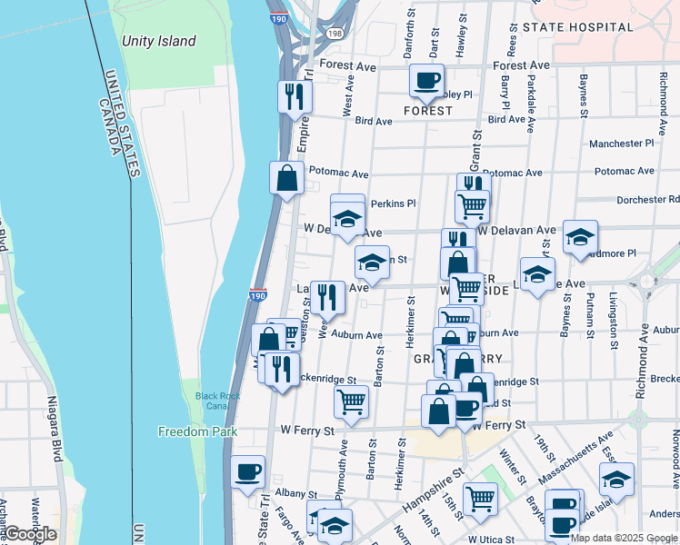 map of restaurants, bars, coffee shops, grocery stores, and more near 146 Dewitt Street in Buffalo