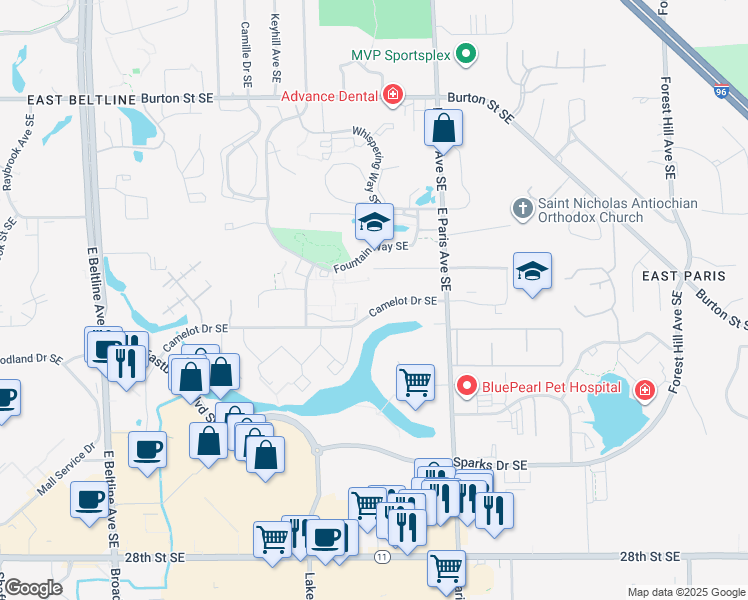 map of restaurants, bars, coffee shops, grocery stores, and more near 3925 Camelot Drive Southeast in Grand Rapids