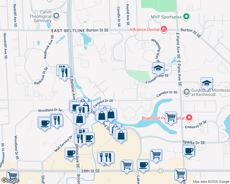 map of restaurants, bars, coffee shops, grocery stores, and more near 2329 Timberbrook Drive Southeast in Grand Rapids