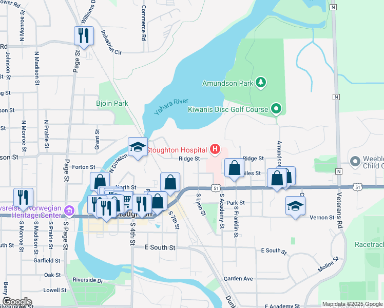 map of restaurants, bars, coffee shops, grocery stores, and more near 624 Ridge Street in Stoughton