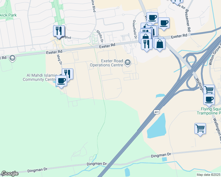 map of restaurants, bars, coffee shops, grocery stores, and more near 711 Exeter Road in London