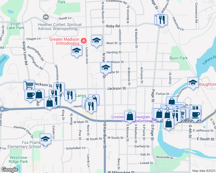 map of restaurants, bars, coffee shops, grocery stores, and more near 814 Jackson Street in Stoughton