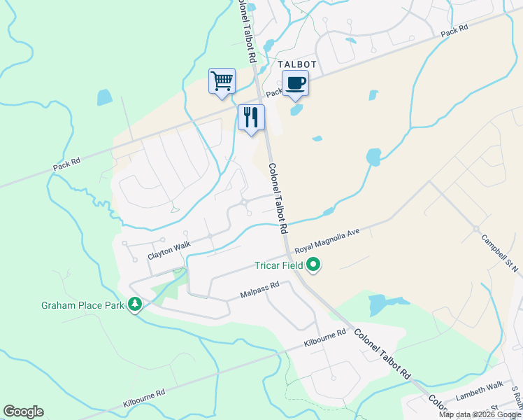 map of restaurants, bars, coffee shops, grocery stores, and more near 3557 Colonel Talbot Road in London